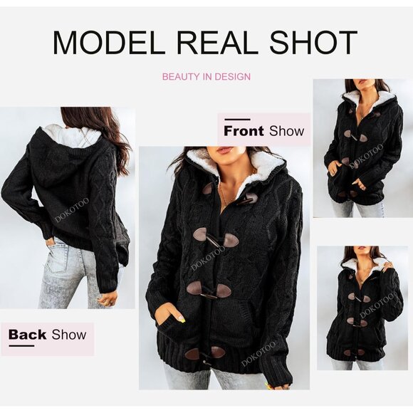 Women's Hooded Cable Knit Cardigans Winter Coat with Pockets Plus Size - Picture 4 of 6